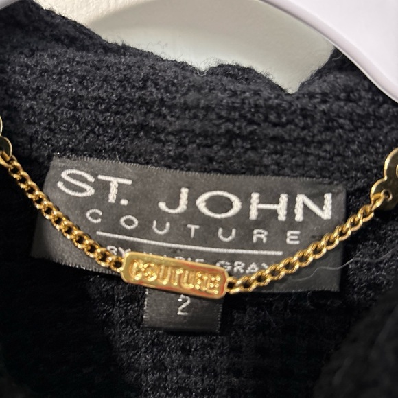 St. John Couture by Marie Gray Black Tweed Crop Sweater Jacket Cheetah Collar 2 - Picture 5 of 11